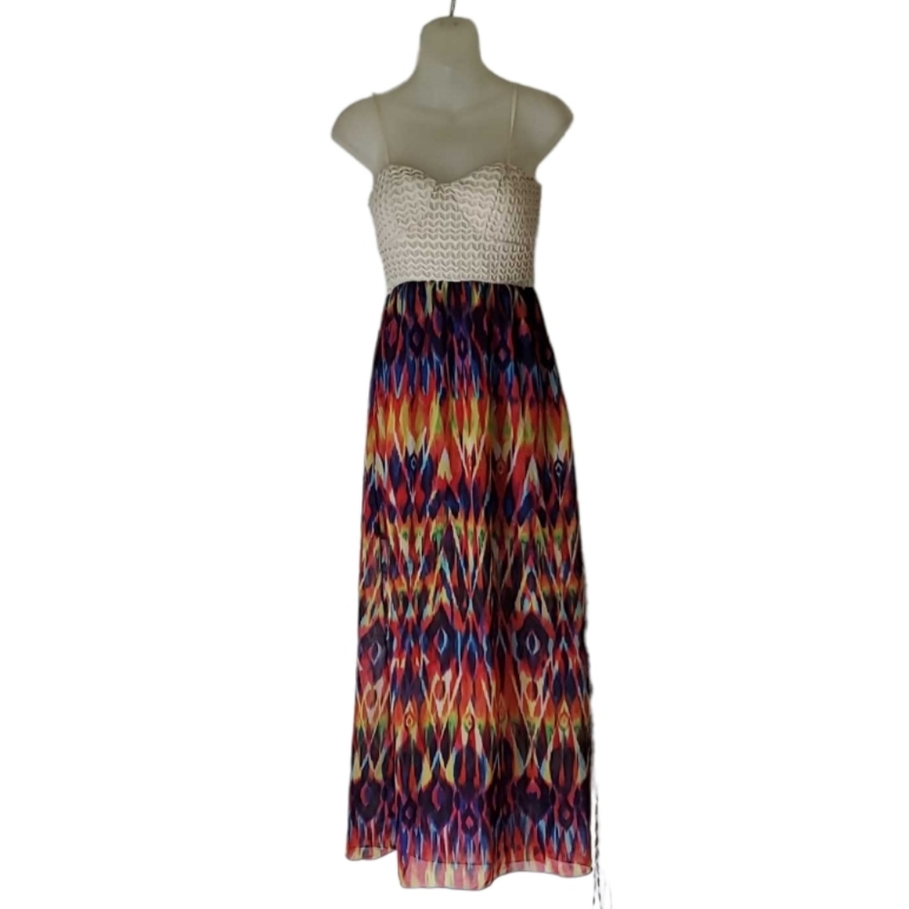 BODY CENTRAL Tropical Maxi Sundress wear Strapless or Sleeveless Crocheted Top